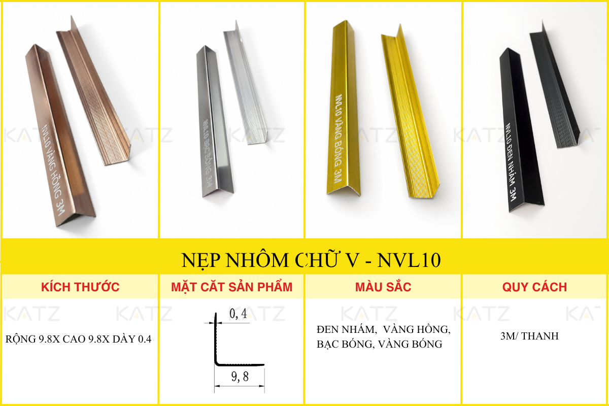 Nẹp NVL10 (10x10mm) trang trí và bảo vệ cho các góc cạnh