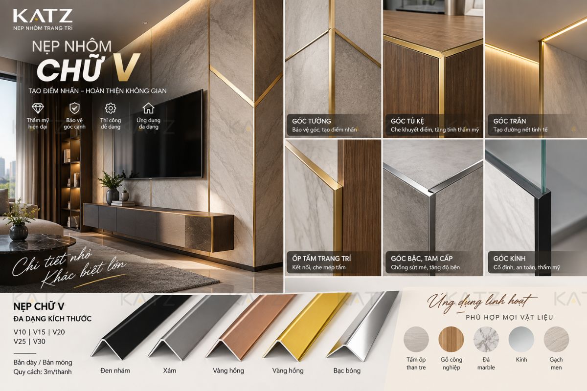 Nẹp nhôm chữ V NVL15 che khuyết điểm, bảo vệ góc ốp gạch (hình ảnh minh họa). 
