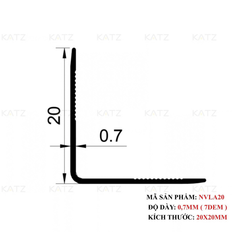 Thông số mặt cắt nẹp nhôm chữ V20x20mm - NVLA20 bản dày